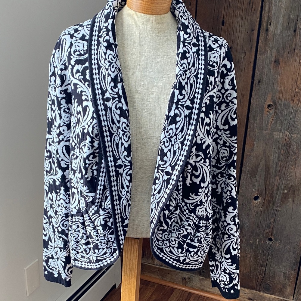 Style & Co stretch knit open front cardigan jacket black/white damask Sz XL